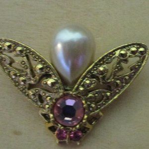 1928 Collection Gold Tone Pink Rhinestone and Faux Pearl Brooch